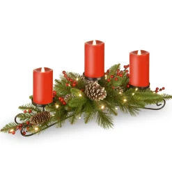 Christmas Greenery-National Tree Company 30" Battery Operated Bristle Berry Centerpiece With Three Candles