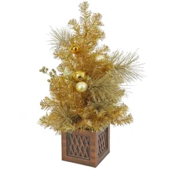 Warm White Led-National Tree Company 36" Christmas Be Merry Decorated Gold Table Top Tree In Pot, 35 Warm White Led Lights- Battery Operated With Remote Control