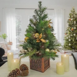 Full-National Tree Company 3' Christmas Yuletide Glam Decorated Table Top Tree In Pot, 35 Warm White Led Lights- Battery Operated With Remote Control