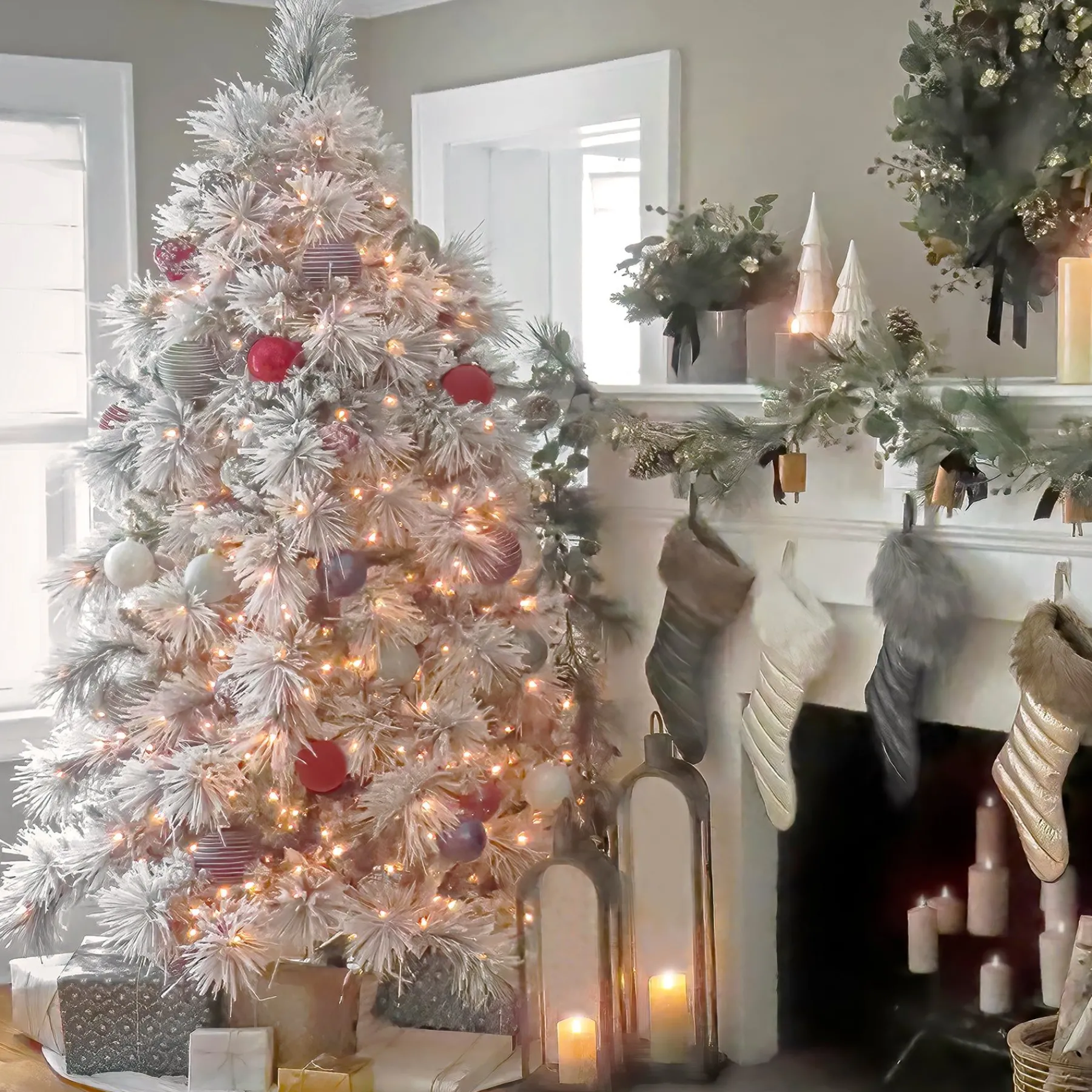 7Ft - 9Ft-National Tree Company 7.5 Ft. Hgtv Home Collection Pre-Lit Flocked Bavarian Pine Tree