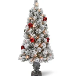 Under 5Ft-National Tree Company 4 Ft. Snowy Bristle Pine Entrance Tree With Clear Lights