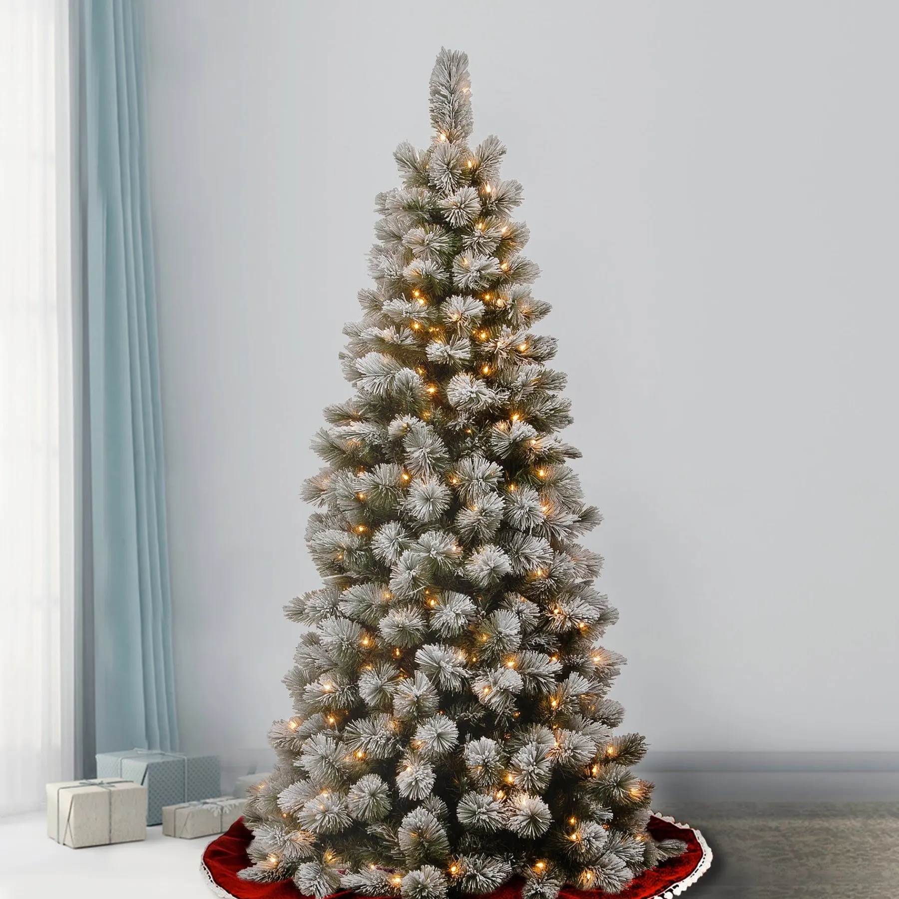 7Ft - 9Ft-National Tree Company 7.5 Ft. Snowy Bristle Pine Slim Pine Tree With Clear Lights