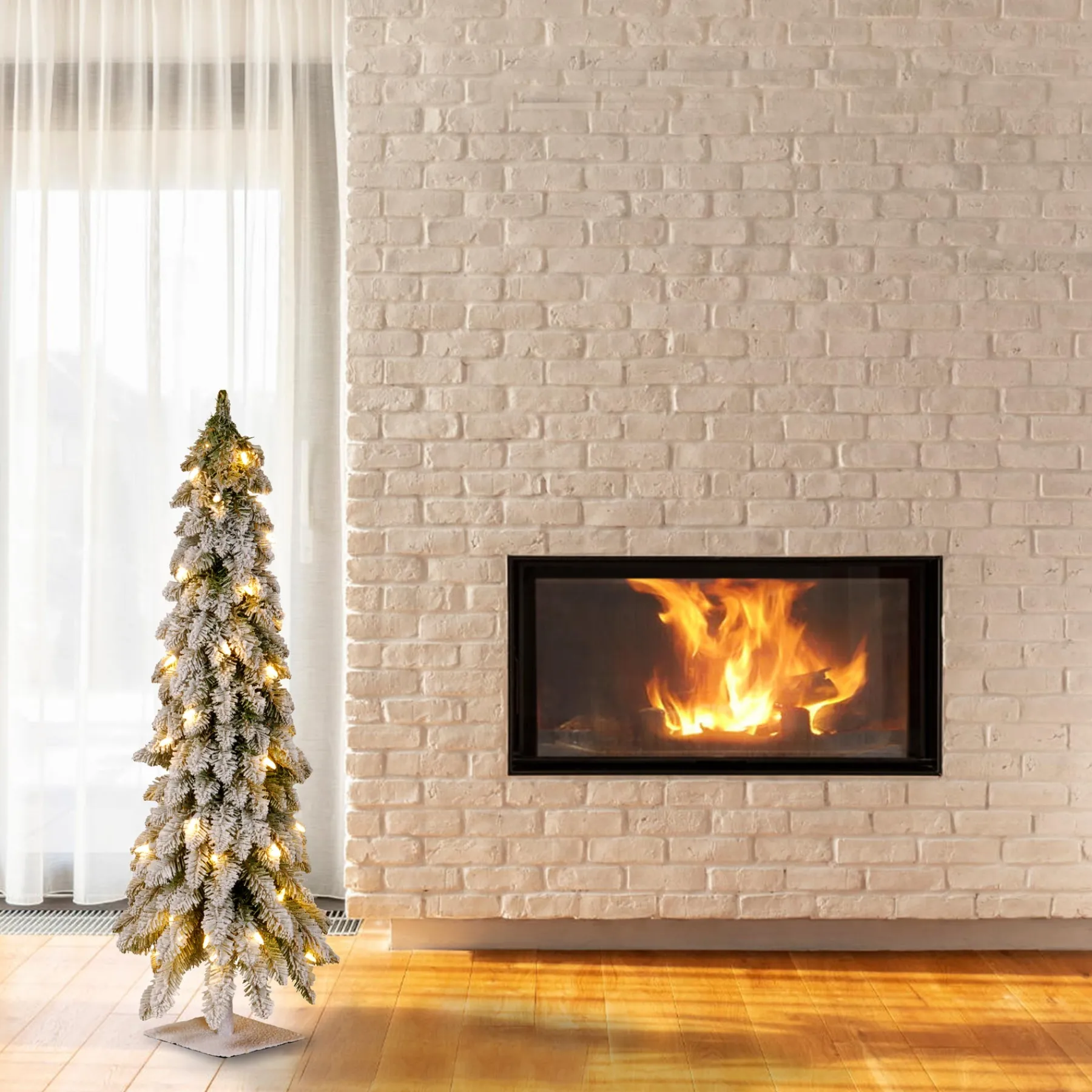 National Tree Company Slim^5 Ft Snowy Downswept Forestree With Clear Lights