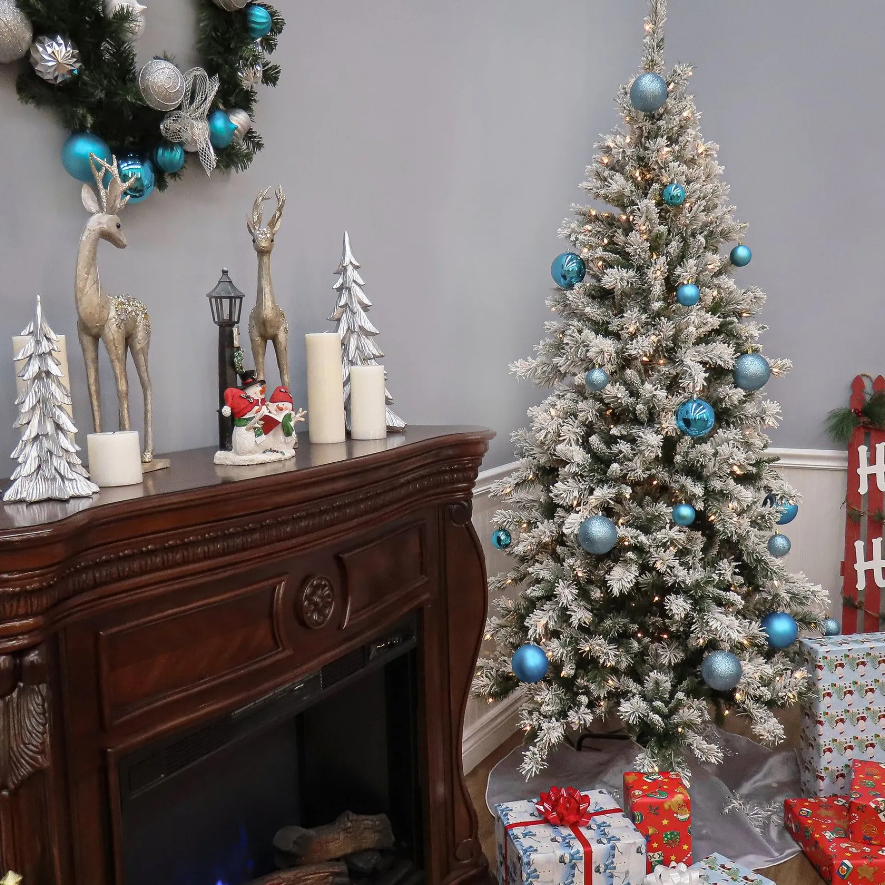 Slim-National Tree Company 7.5 Ft. Snowy Mountain Pine Slim Pine Tree With Clear Lights