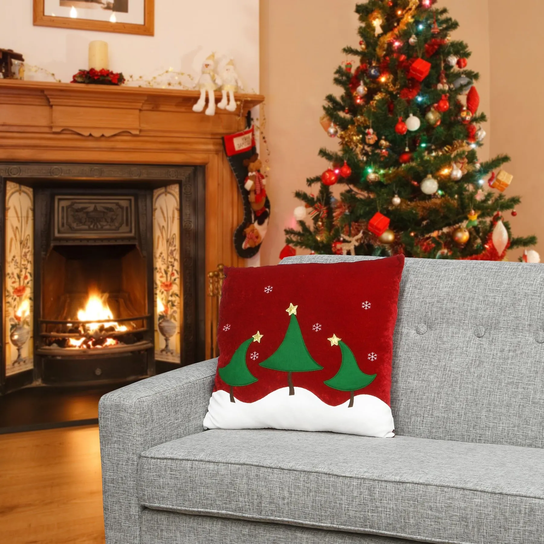 Christmas Textile-National Tree Company 20" General Store Collection Red Pillow With Christmas Trees