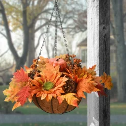Harvest Accessories-National Tree Company 18" Hanging Basket With Maple Leaves, 3 Sunflowers, 3 Cones, 3 Berries & 1 Pumpkin