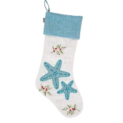 Christmas Stockings-National Tree Company 20" Hgtv Home Collection Embroidered Blue Starfish Stocking
