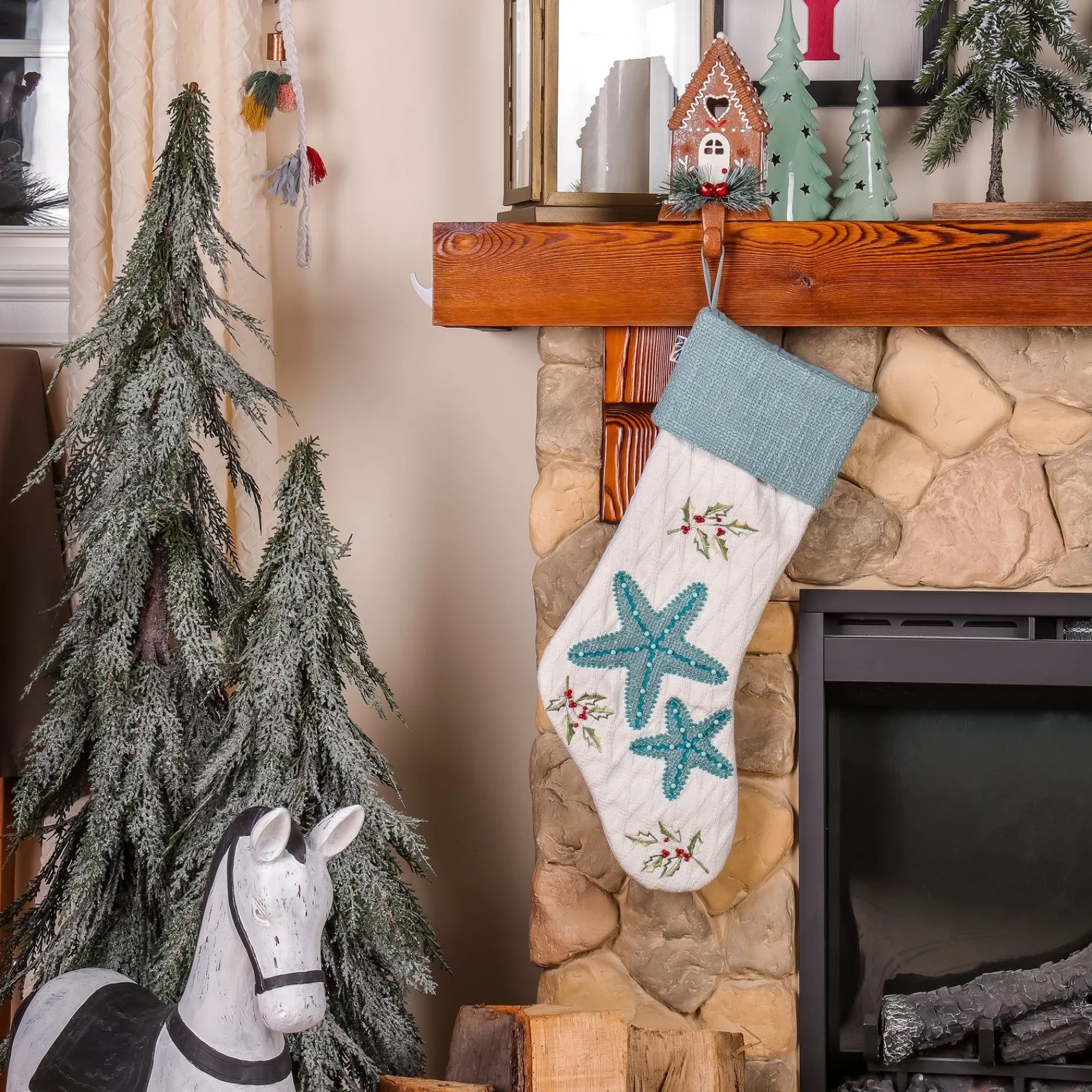 Christmas Stockings-National Tree Company 20" Hgtv Home Collection Embroidered Blue Starfish Stocking