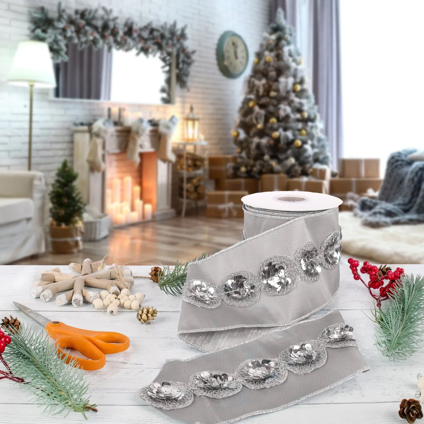 Christmas Accessories-National Tree Company 4" Hgtv Home Collection Sequin Beaded Taffeta Ribbon, Gray