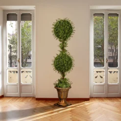 Topiaries / Shurbs-National Tree Company 60" Mini Tea Leaf 2 Ball Topiary With Black And Gold Urn