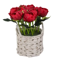 National Tree Company Potted Flower Plants^10" Red Peony Flower Bouquet In White Basket
