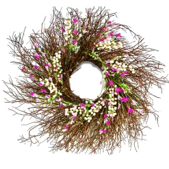 Flower Wreaths-National Tree Company 24" Spring Dark Pink & Cream Forsythia Twig Wreath