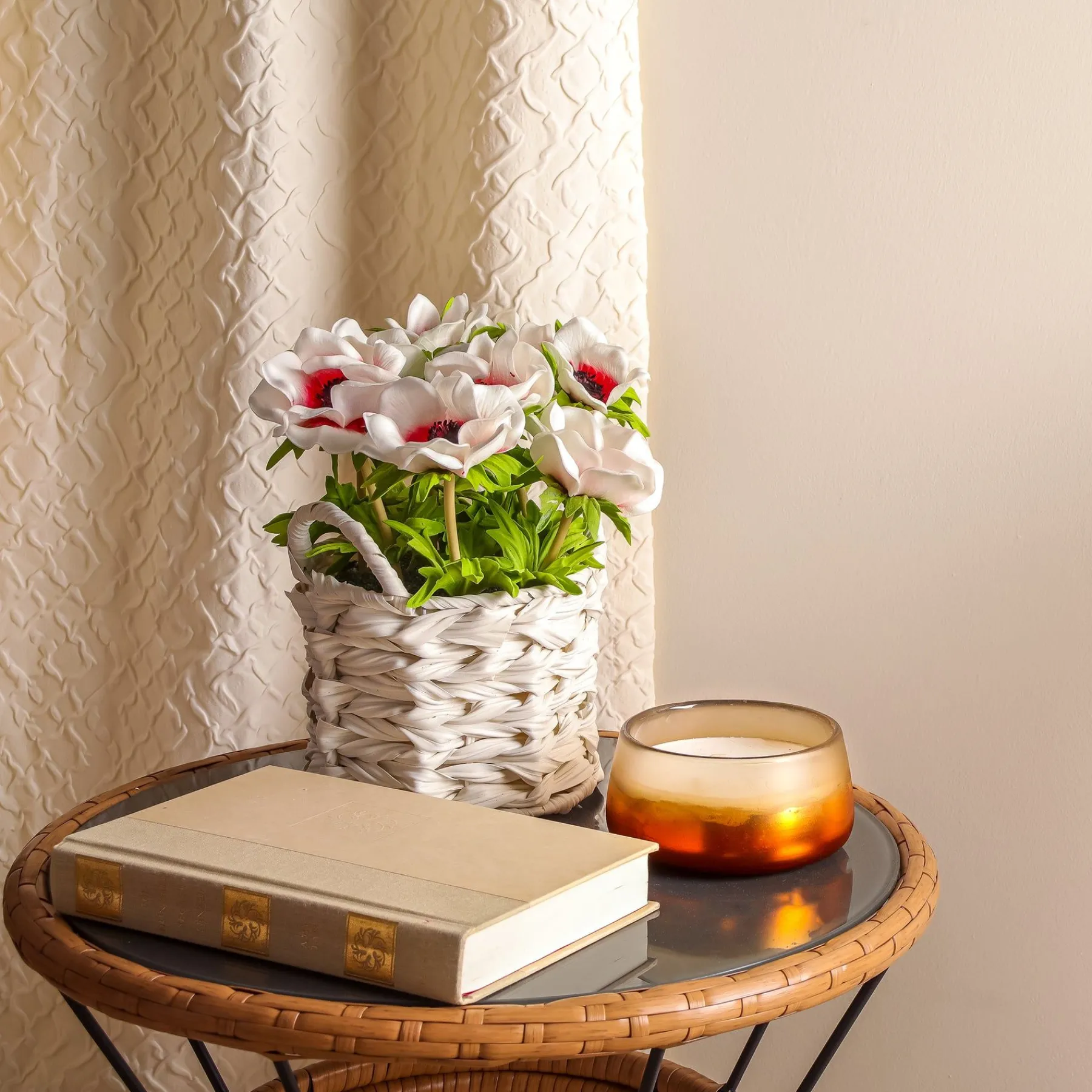 Flower Bouquets-National Tree Company 10" White Anemone Flower Bouquet In White Basket