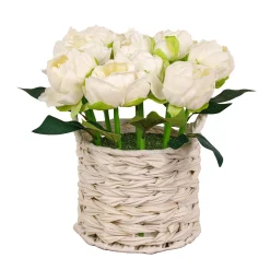 Flower Bouquets-National Tree Company 10" White Peony Flower Bouquet In White Basket