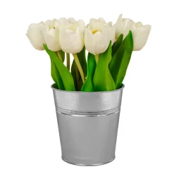 National Tree Company Potted Flower Plants^9" White Tulip Bouquet In Metal Pot