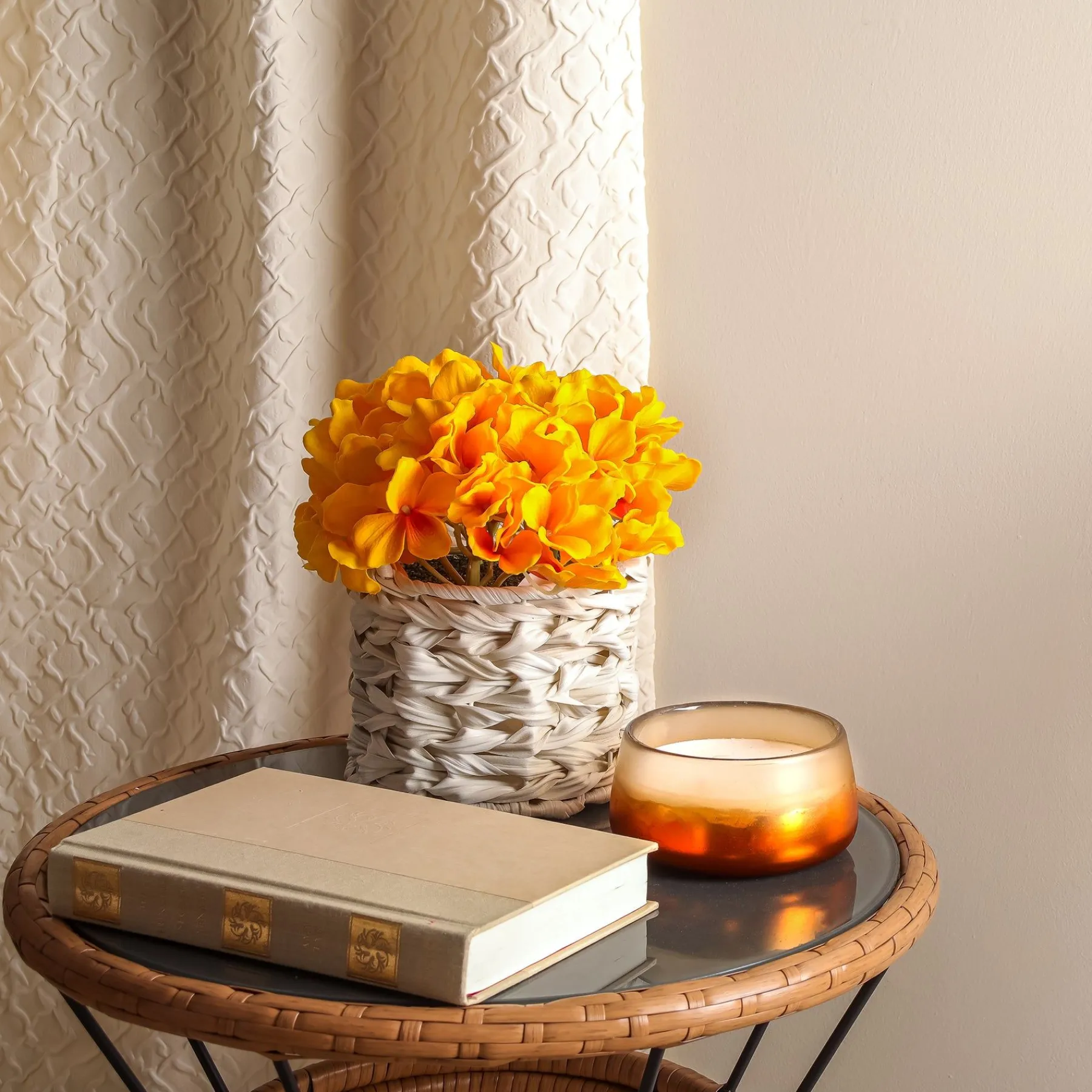 Flower Bouquets-National Tree Company 10" Yellow Hydrangea Bouquet In White Basket