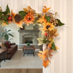 Harvest Garland-National Tree Company Artificial Autumn Garland, Green And Orange, Made With Sunflowers, Pinecones, Berry Clusters, Maple Leaves, Autumn Collection, 6 Ft