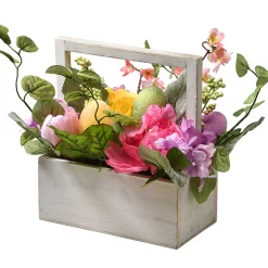 Easter Table Decor-National Tree Company Artificial Boxed Easter Basket, White, Filled With Eggs, Leaves, Flower Blooms, Easter Collection, 14 Inches