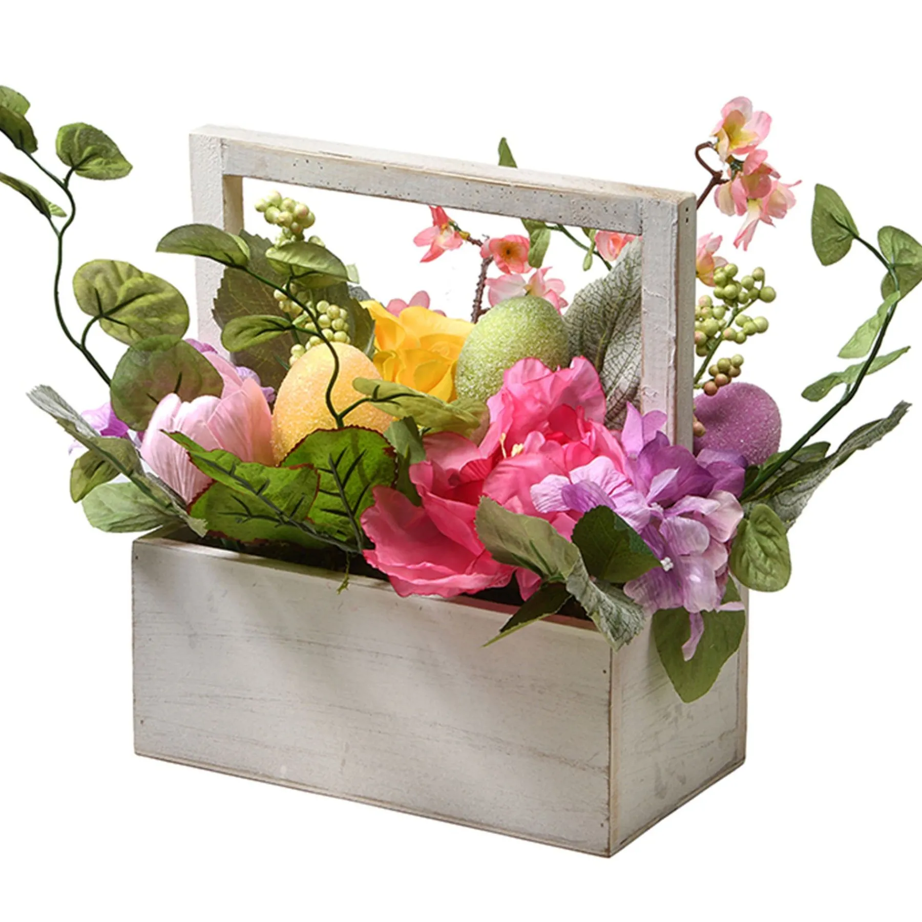 Easter Table Decor-National Tree Company Artificial Boxed Easter Basket, White, Filled With Eggs, Leaves, Flower Blooms, Easter Collection, 14 Inches