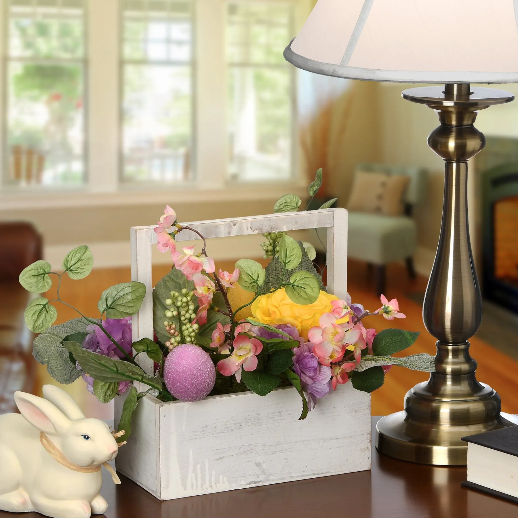 Easter Table Decor-National Tree Company Artificial Boxed Easter Basket, White, Filled With Eggs, Leaves, Flower Blooms, Easter Collection, 14 Inches