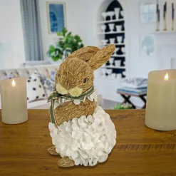 Easter Table Decor-National Tree Company Artificial Bunny Table Decoration, Wood Cut, Decorated With White Flower Blooms, Easter Collection, 10 Inches