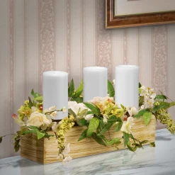 Potted Flower Plants-National Tree Company Artificial Candleholder Table Decoration, Wooden Natural Box Base, Decorated With Flower Blooms, Berry Clusters, Leafy Greens, Holds 3 Pillar Candles, Spring Collection, 22 Inches