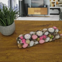Easter Table Decor-National Tree Company Artificial Candleholder Table Decoration, For Three Candles, Decorated With Pastel Eggs, Flower Blooms, Easter Collection, 16 Inches