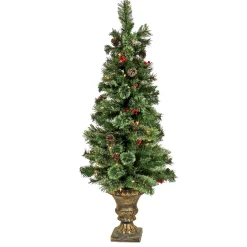 National Tree Company Slim^Artificial Cashmere Cone & Berry Entrance Christmas Tree In Bronze Urn, With Red Berries And Pinecones, Pre-Lit With Clear Incandescent Lights, Plug In, 4.5 Ft