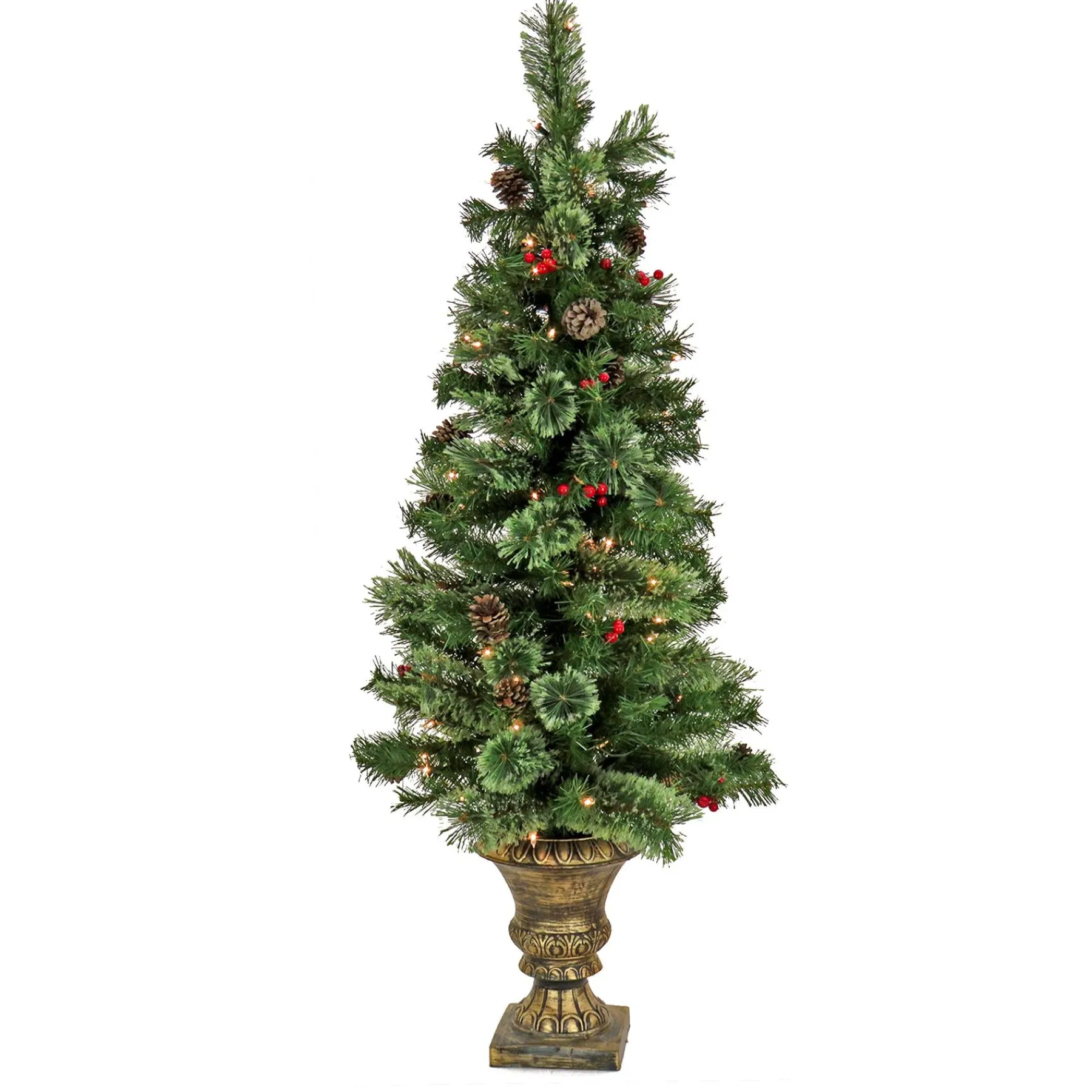 Clear-National Tree Company Artificial Cashmere Cone & Berry Entrance Christmas Tree In Bronze Urn, With Red Berries And Pinecones, Pre-Lit With Clear Incandescent Lights, Plug In, 4.5 Ft