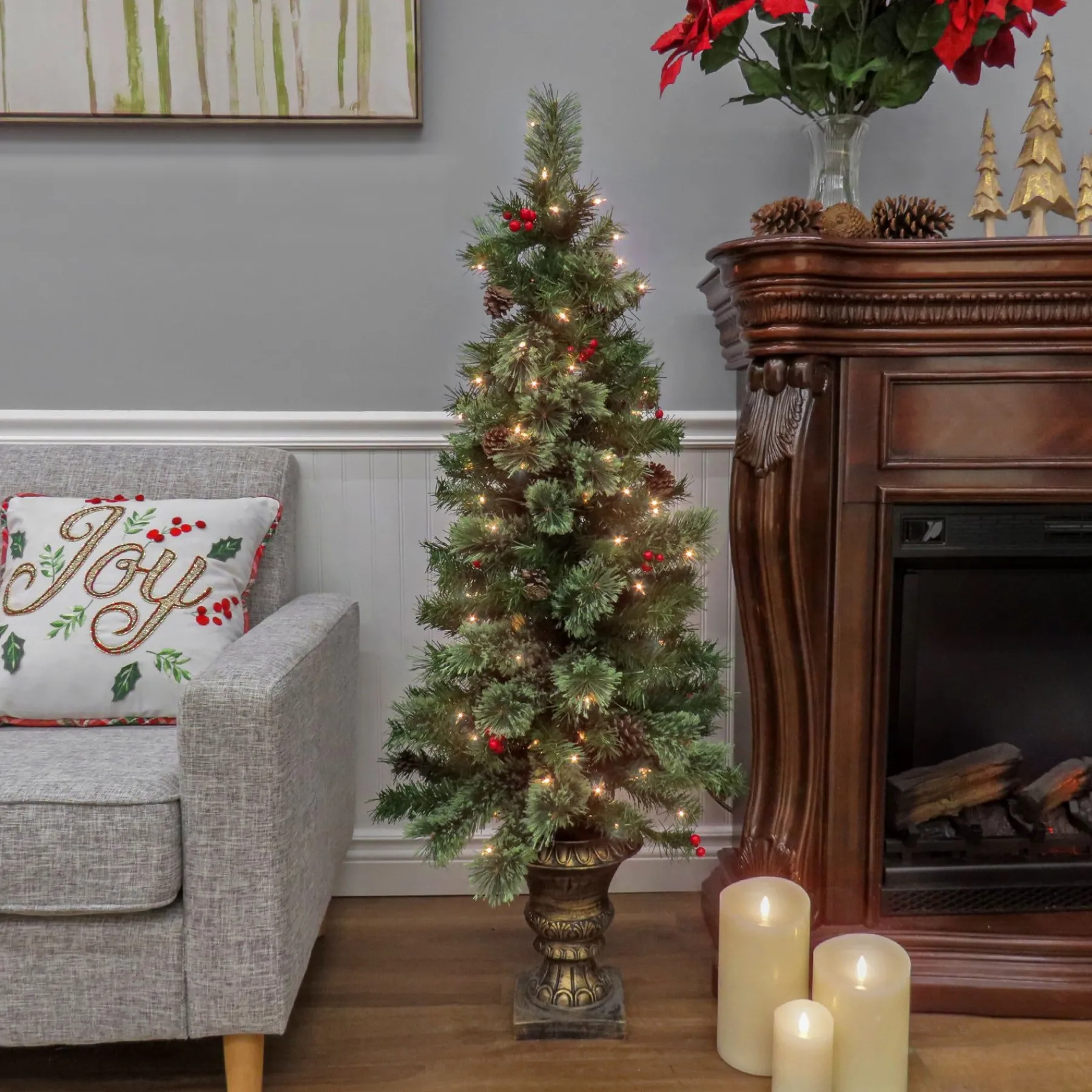 Clear-National Tree Company Artificial Cashmere Cone & Berry Entrance Christmas Tree In Bronze Urn, With Red Berries And Pinecones, Pre-Lit With Clear Incandescent Lights, Plug In, 4.5 Ft