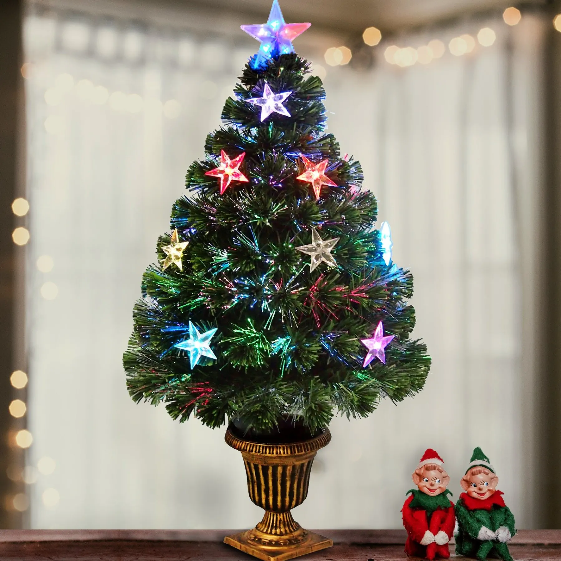 Fiber Optic-National Tree Company Artificial Christmas Tree, Green, Evergreen, Fiber Optic, Decorated With Stars, Includes Base, 3 Feet