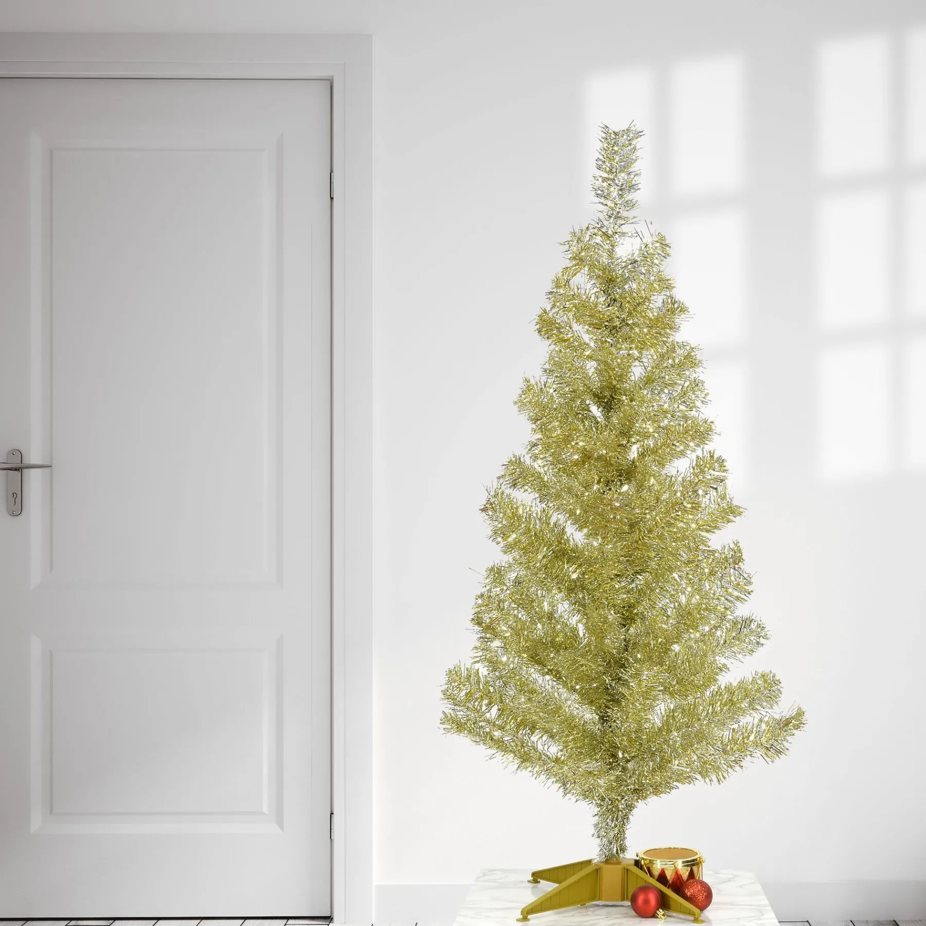 Slim-National Tree Company Artificial Christmas Tree, Champagne Gold Tinsel, Includes Stand, 3 Feet