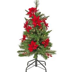 National Tree Company Slim^Artificial Colonial Pencil Slim Hinged Christmas Tree With Berries And Poinsettia Flowers, Pre-Lit With Clear Incandescent Lights, Plug In, 3 Ft