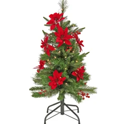 Slim-National Tree Company Artificial Colonial Pencil Slim Hinged Christmas Tree With Berries And Poinsettia Flowers, Pre-Lit With Clear Incandescent Lights, Plug In, 3 Ft