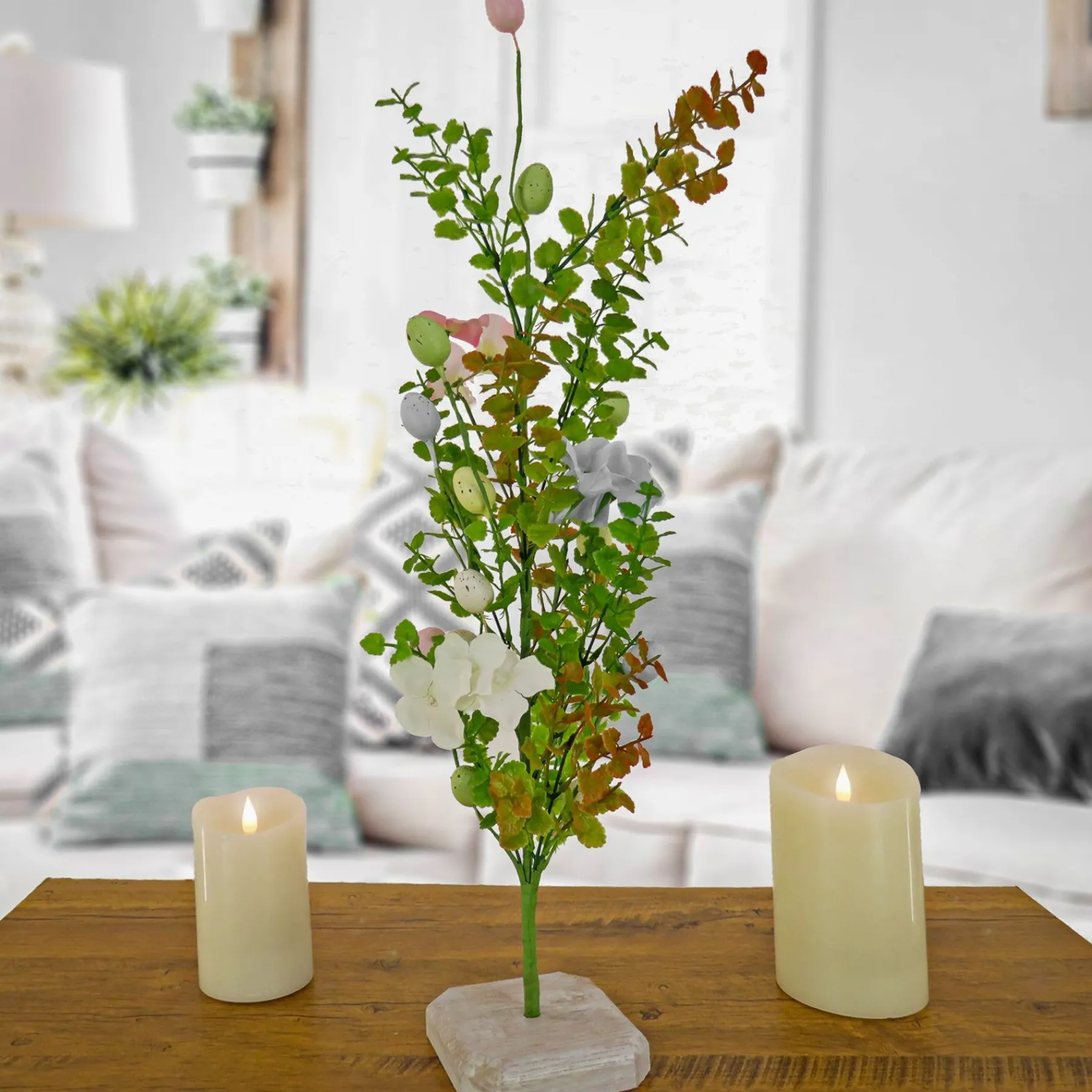 Easter Table Decor-National Tree Company Artificial Decorative Tree, Decorated With Pastel Eggs, Flower Blooms, Includes Wooden Block Base, Easter Collection, 24 Inches