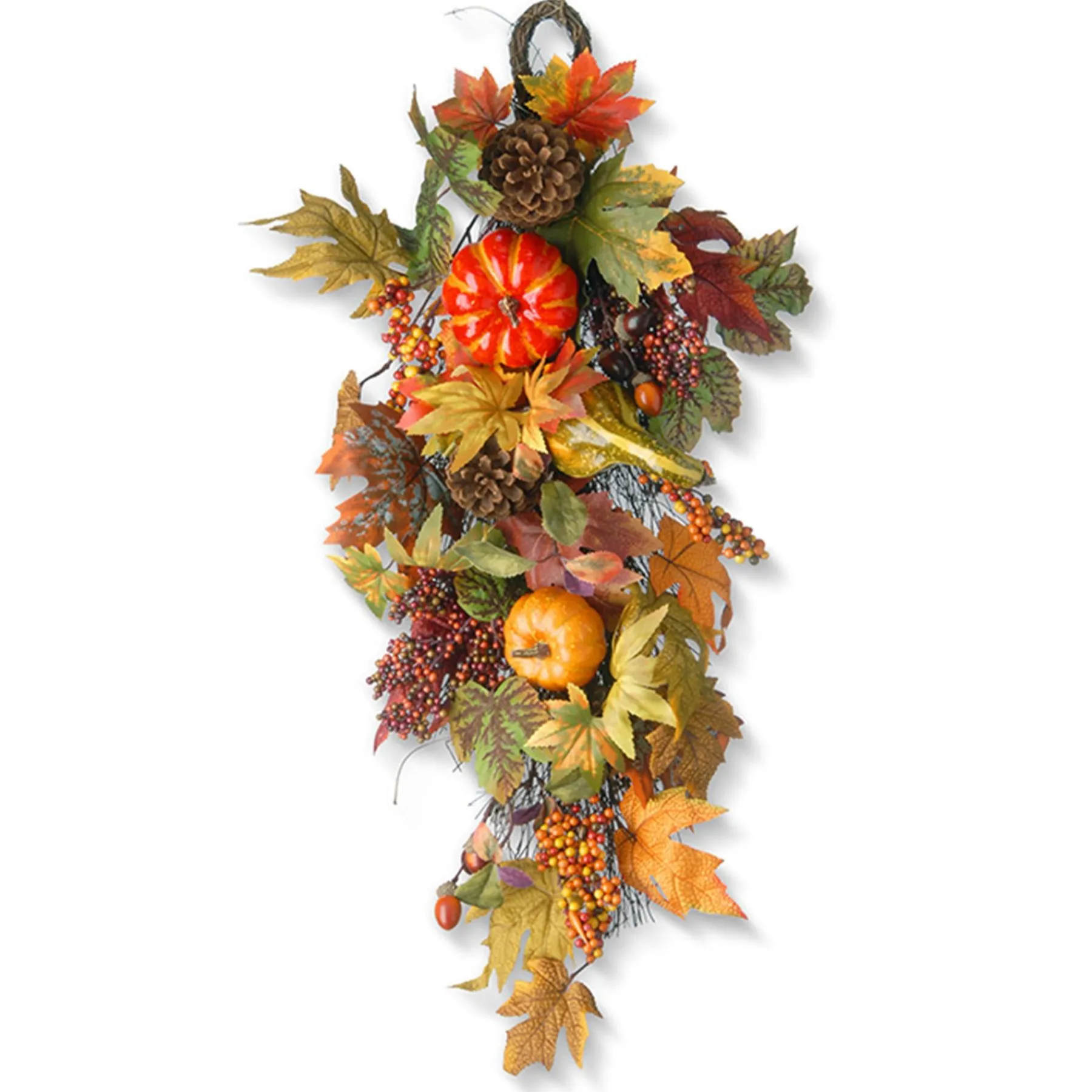 Harvest Accessories-National Tree Company Artificial Fall Teardrop Hanging Wall Decoration, Decorated With Pumpkins, Gourds, Pinecones, Berry Clusters, Maple Leaves, Autumn Collection, 26 In