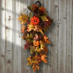 Harvest Accessories-National Tree Company Artificial Fall Teardrop Hanging Wall Decoration, Decorated With Pumpkins, Gourds, Pinecones, Berry Clusters, Maple Leaves, Autumn Collection, 26 In