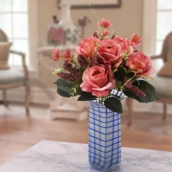 Flower Bouquets-National Tree Company Artificial Floral Bouquet, Vine Stem Base, Decorated With Vibrant Pink Rose Blooms, Seed Pods, Leafy Greens, Spring Collection, 19 Inches