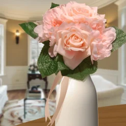 Flower Bouquets-National Tree Company Artificial Floral Bouquet, Vine Stem Base, Decorated With Pink Rose And Peony Blooms, Ribbon, Seed Pods, Leafy Greens, Spring Collection, 12 Inches