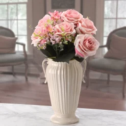Flower Bouquets-National Tree Company Artificial Floral Bouquet, Vine Stem Base, Decorated With Pink Rose Blooms, Pink Berry Clusters, Seed Pods, Leafy Greens, Spring Collection, 19 Inches