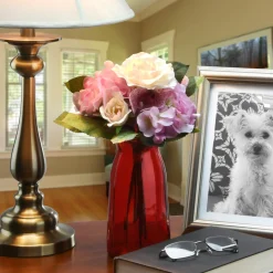 Flower Bouquets-National Tree Company Artificial Floral Bouquet, Vine Stem Base, Decorated With Purple Roses And White Orchid Blooms, Leafy Greens, Spring Collection, 13 Inches