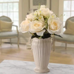 Flower Bouquets-National Tree Company Artificial Floral Bouquet, Vine Stem Base, Decorated With Cream Rose Blooms, Seed Pods, Leafy Greens, Spring Collection, 19 Inches