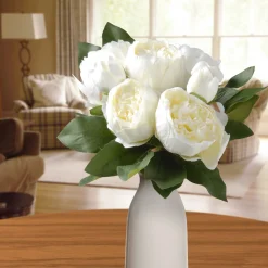 Flower Bouquets-National Tree Company Artificial Floral Bouquet, Vine Stem Base, Decorated With White Peony Blooms, Leafy Greens, Spring Collection, 14 Inches