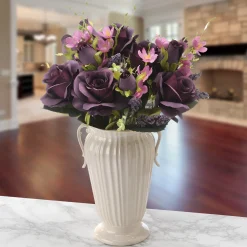 Flower Bouquets-National Tree Company Artificial Floral Bouquet, Vine Stem Base, Decorated With Deep Purple Rose Blooms, Pink Flowers, Seed Pods, Leafy Greens, Spring Collection, 19 Inches