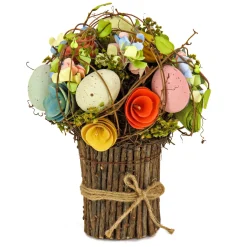 Easter Table Decor-National Tree Company Artificial Floral Bundle, Wooden Branch Base, Decorated With Assorted Flowers, Pastel Eggs, Seed Pods, Wicker, Easter Collection, 8 Inches