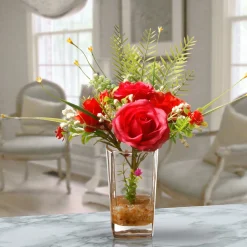 Flower Bouquets-National Tree Company Artificial Flower Bouquet In Glass Vase, Red Roses, Decorated With Leafy Greens, Spring Collection, 12 Inches