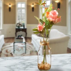 Flower Bouquets-National Tree Company Artificial Flower Bouquet In Glass Vase, Pink Roses, Decorated With Leafy Greens, Spring Collection, 12 Inches