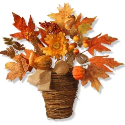 Harvest Accessories-National Tree Company Artificial Flowers In Wicker Basket, Decorated With Pumpkins, Gourds, Berry Clusters, Burlap, Maple Leaves, Autumn Collection, 16 In