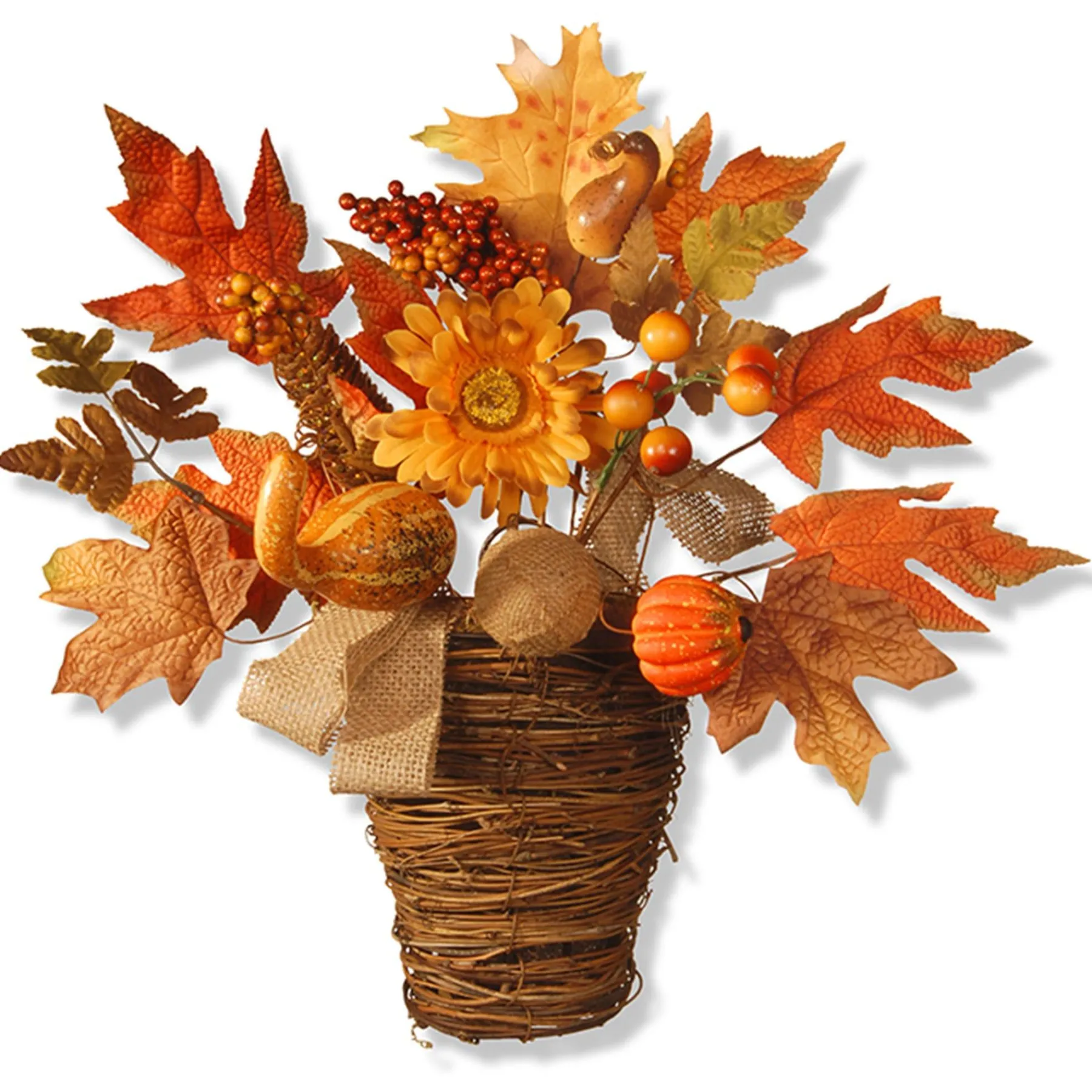 Harvest Accessories-National Tree Company Artificial Flowers In Wicker Basket, Decorated With Pumpkins, Gourds, Berry Clusters, Burlap, Maple Leaves, Autumn Collection, 16 In