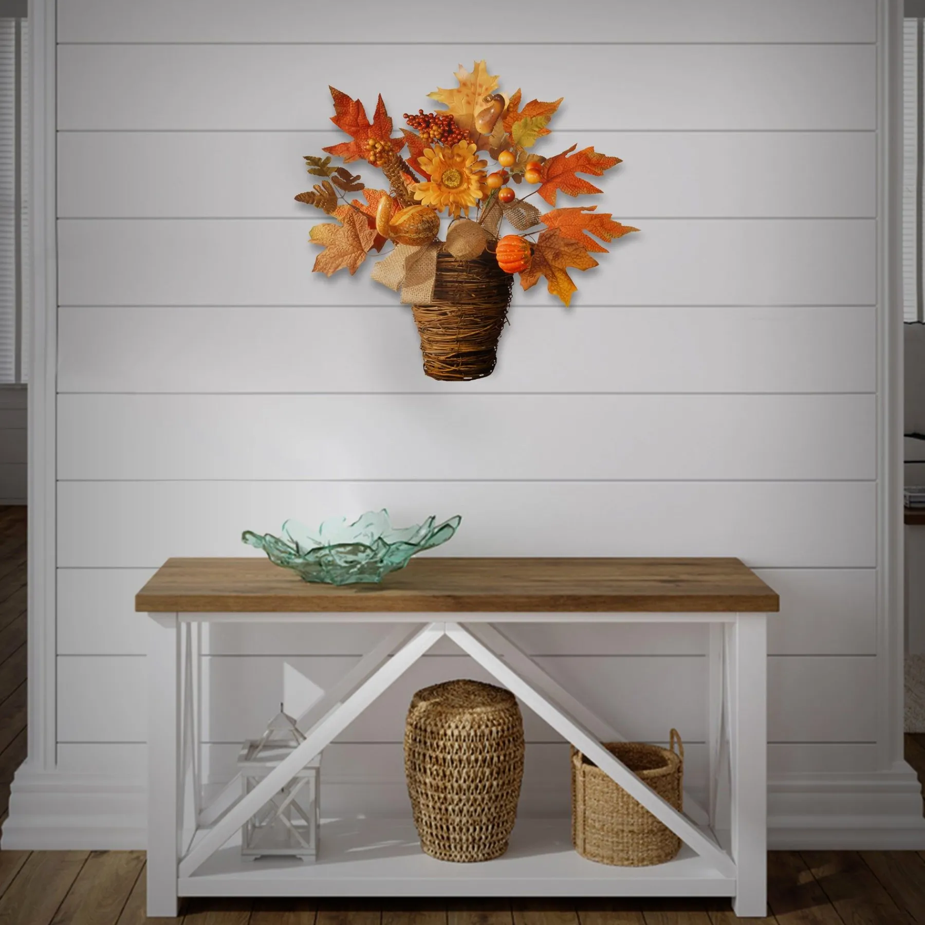 Harvest Accessories-National Tree Company Artificial Flowers In Wicker Basket, Decorated With Pumpkins, Gourds, Berry Clusters, Burlap, Maple Leaves, Autumn Collection, 16 In